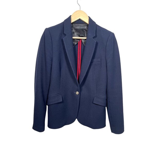Zara Kate Navy Blazer structured textured waffle gold button blazer sz L - Picture 2 of 9